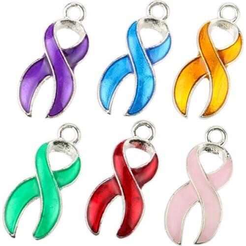 12PCS Silver Plated Enamel Hope Ribbon Cancer Charms Pendants for Jewelry Making DIY Handmade Craft Accessories 23*11mm