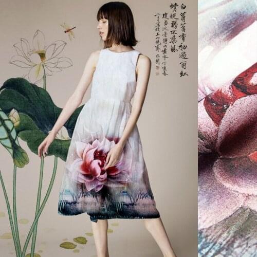 140*140cm 15.5mm 30% silk 70% linen big lotus print summer fabric a little transparent and hard fabric D064