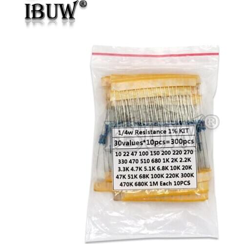 300PCS 1/4w 1% Metal Film Resistor Assortment Resistance Kit Set 10 - 1M Ohm 30Kinds*10pcs=300PCS