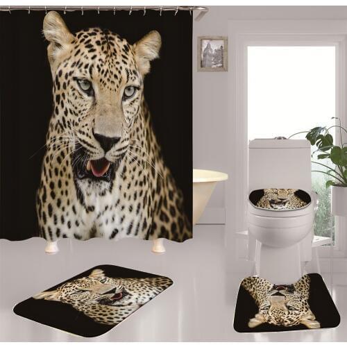 3D Cool Leopard Pattern Waterproof 4 In 1 Bathroom Set Shower Curtain Toilet Cover Mat Non-Slip Rug Set Bathroom Essential