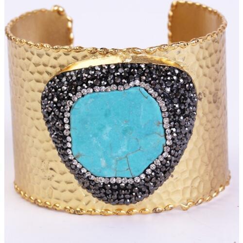 Charms blue turquoises pave rhinestone bead adjustable gold color open big wide wrap hammered bracelet bangle cuff for women