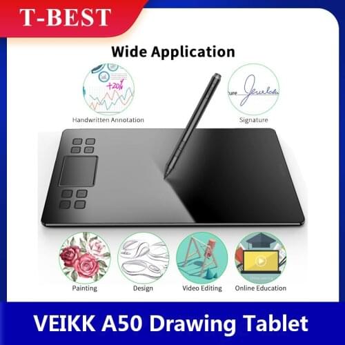 VEIKK A50 Graphics Drawing Tablet 10 x 6 Inch 8 Express Keys & Gesture Touch-Pad 8192 Levels Pressure Battery-free Stylus 8 Nibs