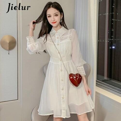 Jilur Lace Shirt Dress Two-piece Womens Dresses Autumn Hollow Skinny New Fashion Turndown Collar Botton Sukienka Robe Femme