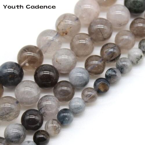 Natural Stone Smooth Black Grey White Rutilated Quartz Crystals Loose Beads 15" Strand 6/8/10mm Pick Size For Jewelry Diy