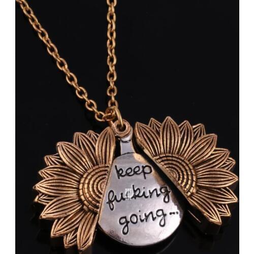Keep Fu*king Going Watch over Me Letter Sunflower Heart Open Locket Pendant Necklace For Women Female