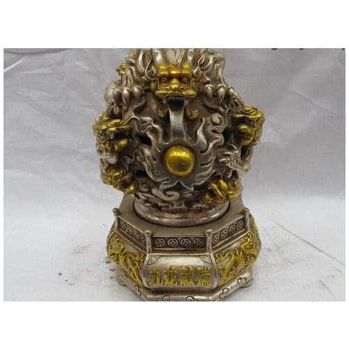 Chinese Silver Gilt Feng Shui Nine Dragon Play Bead globe Ball incense burner