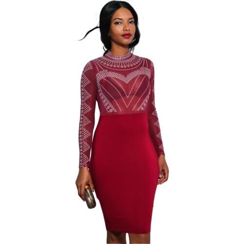 Womens Full Dress Solid Color Hot Rhinestone Perspective Party Evening Midi Dress L36763