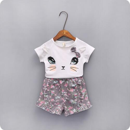 2016 Summer Korean Childrens Garment New Product Girl Baby Kitty T-Shirt Shivering Shorts Tight Pants Suit Girl 2 Pieces Set