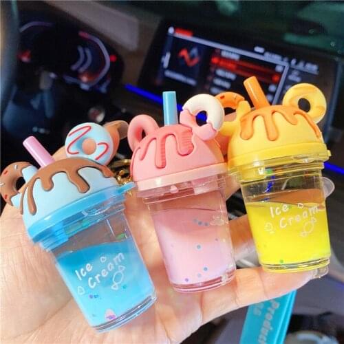 Cartoon Keychain Cute Donut Milk Tea Cup Liquid Quicksand Sequin Keyring Charm Bag Car Pendant Key Chain For Women