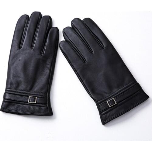 Mens Genuine Leather Cycling Gloves Black Touch Screen Real Sheepskin winter warm Gloves Fashion buckle design