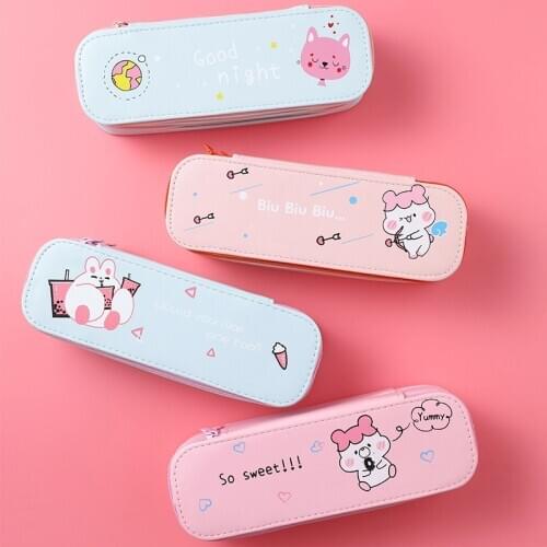 NEW Kawaii Cute PU Leather Cartoon Pencil Case School Student Supplies Pen Box Pencil Bag Stationery Storage Bag 050038