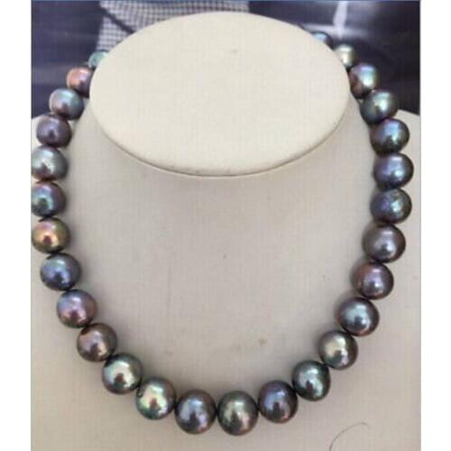 Shupping 08151 HUGE PERFECT 12-13mm TAHITIAN BLACK RED GREEN PEARL NECKLACE17.5"