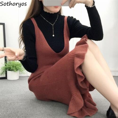 Dress Women Winter V-Neck Solid Colour Sleeveless Knee-Length Womens Simple Korean Style Elegant Dresses All-match Trendy Chic