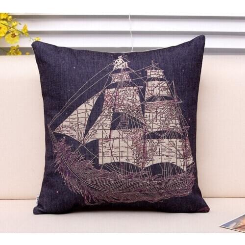 Ship pillow cover, Mediterranean sea ship cotton linen throw pillow case