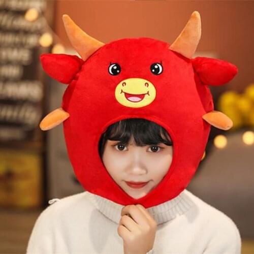 Cartoon Animal Hat Moving Winter Cute Plush Ox Cow Hat for Women Girls
