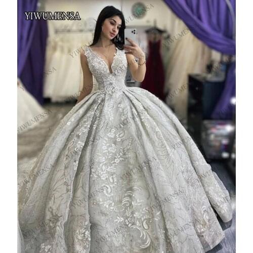 Silver Lace Appliques Wedding Dresses 2020 Custom Made Off The Shoulder Bride Dress Pearls Beads Puffy Long Tail Bridal Gowns