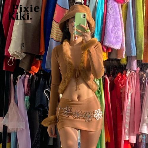 PixieKiki Vintage Knitted V Neck Cropped Cardigan Slim Sweaters Aesthetic Clothes Y2k Brown Tie Front Long Sleeve Tops P95-DD20