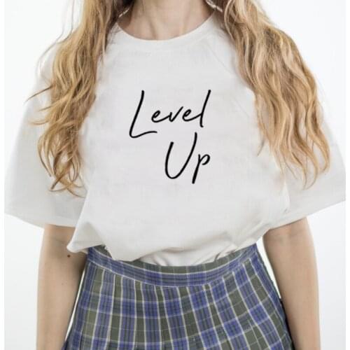 LEVEL UP Printed T Shirt Women O-neck Short Sleeve Cotton Tshirt Women Black White Summer Loose Tee Shirt Femme Tops