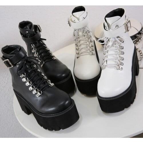 FONBERRY Round Toe Buckle Decoration Platform Boots Women Thick Heel Black Punk Martin Boots Women Motorcycle Boots Women