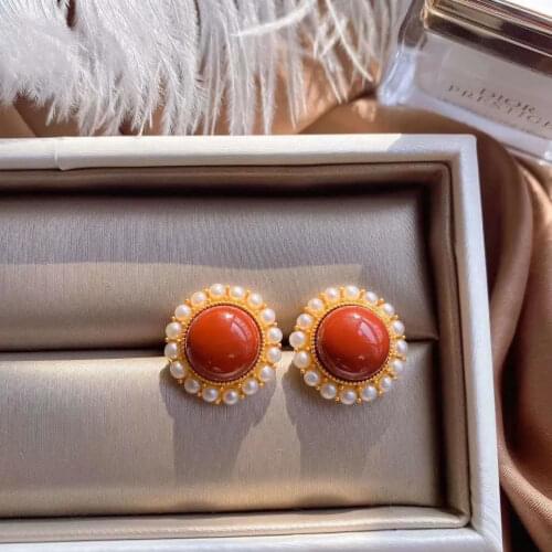 Natural Pearl Ear Studs Womens Retro Elegant Chinese Style Natural South Red Large Earrings Womens High Profile Retro Red Earr