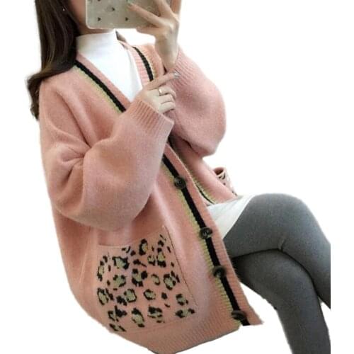 Women autumn oversized cardigan v neck leopard pockets sweater long sleeve top 2020 lady knitted cardigan coat