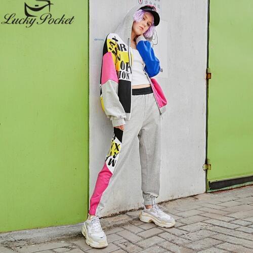 Women Spring New Fashion Hit Color Letter Two Piece Set Female Casual Hooded Tops+Elastic Waist Long Pants Loose Suits Z1029
