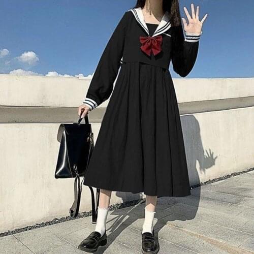 Dress 2021 Women Bow Patchwork Loose A-Line Fashion Knee-Length Cute Empire Preppy Style punk y2k Sailor Collar Japanese robe