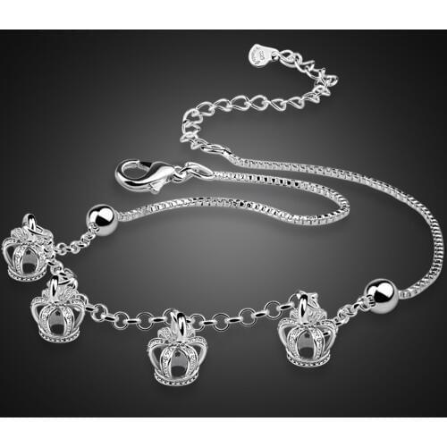 Retro 100%925 Sterling Silver Ankle Crown pendant Bracelet Bohemia Foot Beach Anklets Women Fashion Barefoot Chain Jewelry