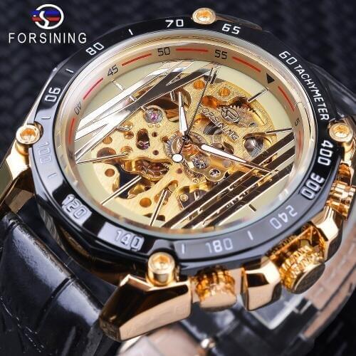 Forsining Fashion Golden Open Work Clock Male Mens Automatic Wrist Watches Top Brand Luxury Luminous Hands Black Band