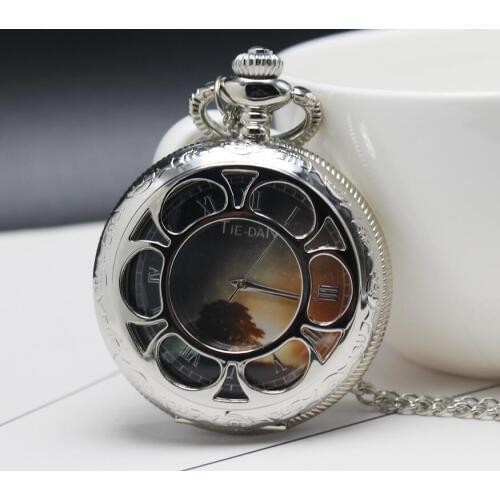Silver Quartz Hollow out sunflower Tree Roman numerals Woman And Men Necklace pocket watches Gift watches P110863