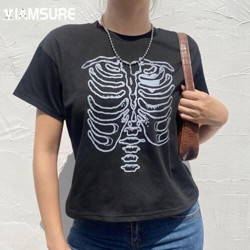 IAMSURE Loose Dark Printed T Shirt For Women Casual Streetwear Short Sleeve O-Neck Tops 2021 Fashion Gothic Harajuku Basic Tees