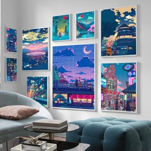 Cartoon View Street Prints Poster Night Tree Anime Canvas Wall Art HD Painting For Bedroom Clubroom Modular Pictures Home Decor