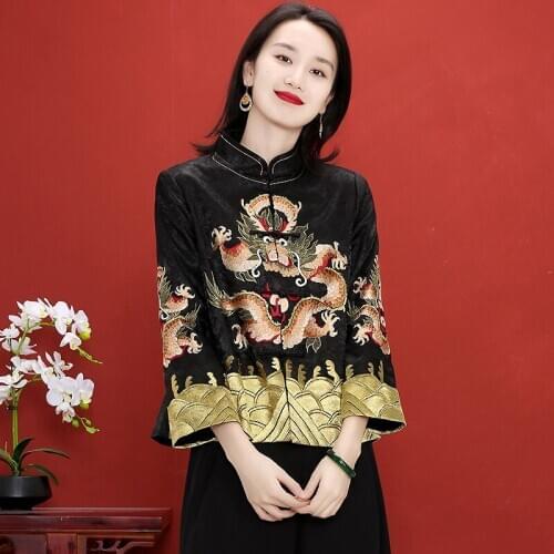Chinese Style Women Spring And Autumn High-End Custom Hand Embroidery Dragon Elegant Fashion Loose Lady Jacket M-3XL