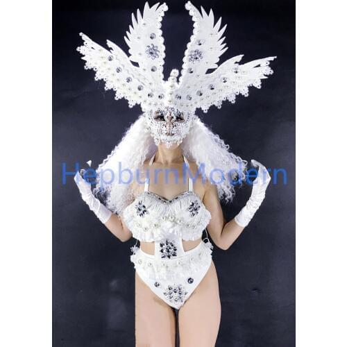 Goddess costume Senior luxury mysterious girl White feather angel costumes Halloween party cosplay Led Luminous dance suit