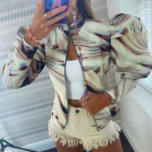 Women Solid Sheath Coat Turtleneck Puff Sleeve Zipper Jacket Harajuku High Street Vintage Undefined Female Streetwear