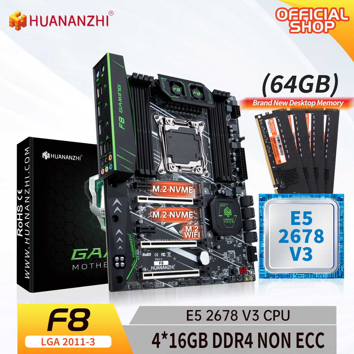 HUANANZHI X99 F8 X99 Motherboard with Intel XEON E5 2678 V3 with 4*16G DDR4 RECC memory combo kit set SATA 3.0 USB 3.0