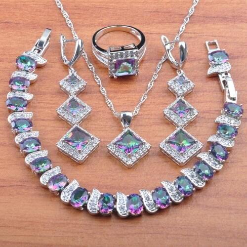 Mystic Rainbow Zirconia Jewelry SetSilver ColorFor Women Earrings Necklace Pendant Rings Bracelet Set Best Gift JS0580