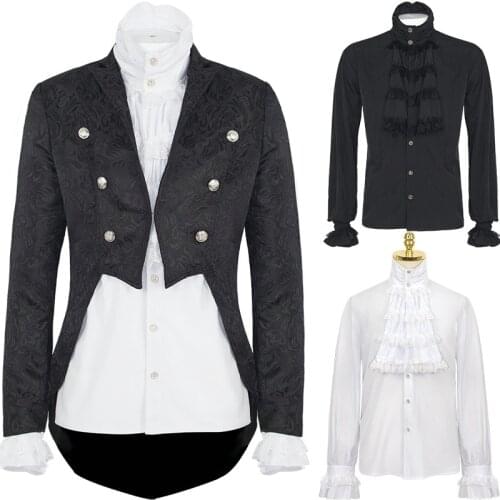 Medieval Victorian Stand Collar Long Sleeves Mens Shirt Steampunk Tops Vintage Gothic Tail Coat Jacket Tuxedo Halloween Costume