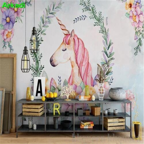 Custom mural 3d wallpaper modern minimalist hand-painted fresh small floral leaves unicorn background wall decoration painting
