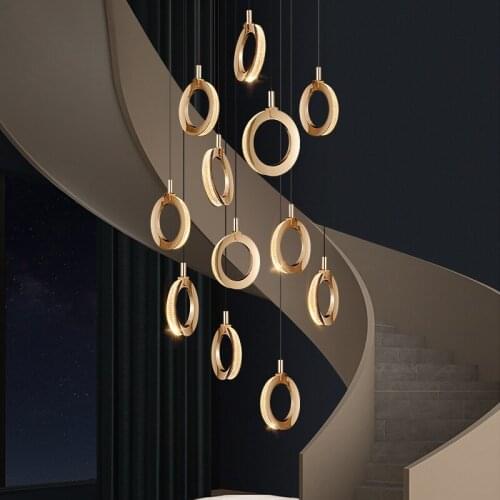 New Product Smart Plug-in Luxury Modern Led Staircase Chandelier Living Room Long Circular Lamp Gold Apartment Interior Lighting