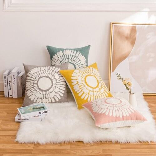 3D Chrysanthemum Embroidery Cushion Pink Yellow Blue Gray 45X45CM Wool Crocheted Pillowcase Living Room Decoration for