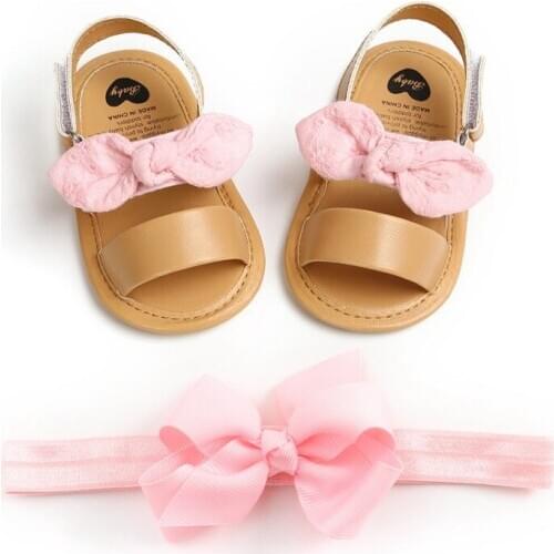 Baby Girls Bow Sandals PU Princess Soft Bottom Shoes Girls Baby Toddler Sandals with White Pink Headband Two-piece Set