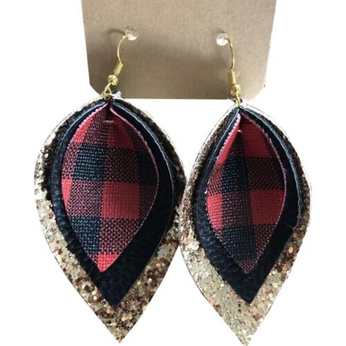 New Doubles Buffalo Plaid Glitter Striped Printed Leather Teardrop Earrings Large Layered Leaf Earrings Valentines Day Gifts