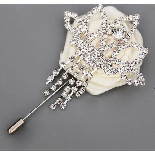Wedding Ivory Boutonniere For Men Satin Ribbon Rose Groom Buttonhole Silver Tassels Lapel Pin Brooch Party Accessories XH180