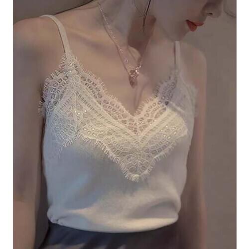 Sling Tank Tops For Ladies Fashion Sexy Eyelashes Lace Trim Camisole Stretchy Solid Color Vest One Size