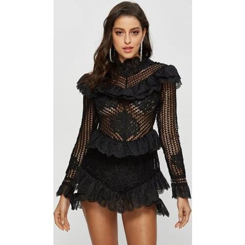 Spring 2020 Fashion Chic Ladies Dress High End Women See-Through Lace Dresses Long Sleeve Stand Collar Slim Sexy Dress Female