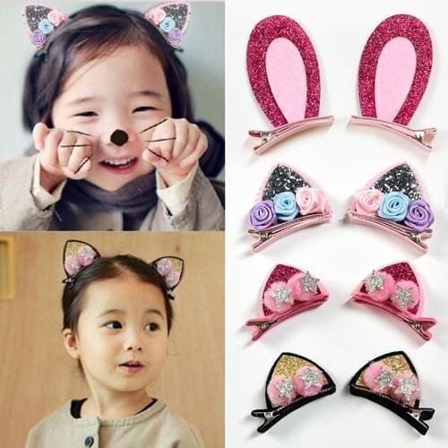 LNRRABC 1/2pcs Cute Bow Hair Clips For Girls Hairpins Kids Glitter Flowers Cat Rabbit Ears Hairball Children Hair Accessories