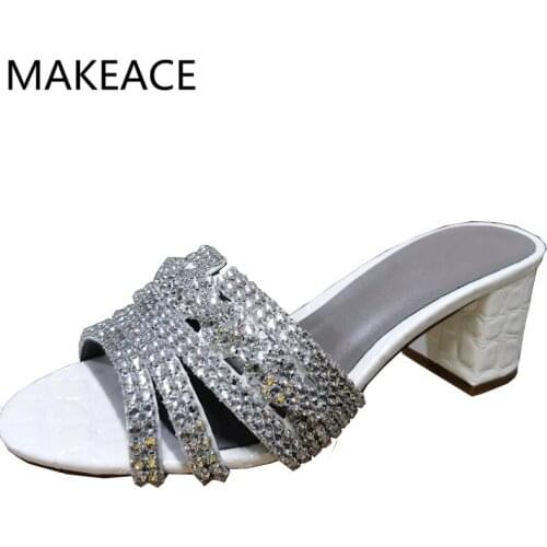 New 2021 Gold Crystal Slippers Women Round Toe Chunky High Heel Sandals Candy Colors Summer Party Dress Shoes Woman Slipper