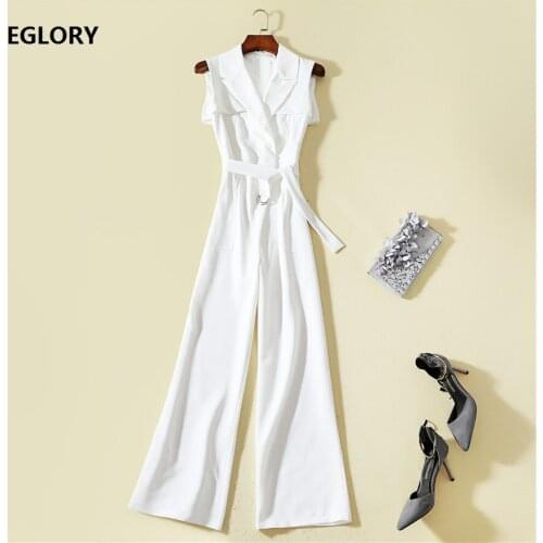 High Quality Jumpsuit 2020 Summer Long Rompers Wmen Notched Collar Covered Button Sleeveless Full Length White Jumpsuit Ladies