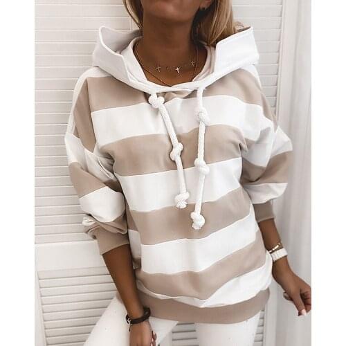 Women Autumn Spring Hooded Striped Basic Long Sleeve Patchwork Striped Tape Colorblock Hooded Sweatshirt